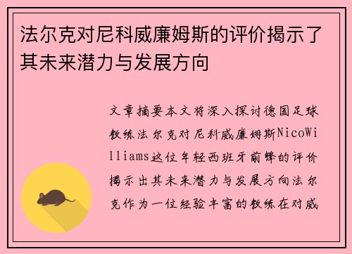 法尔克对尼科威廉姆斯的评价揭示了其未来潜力与发展方向